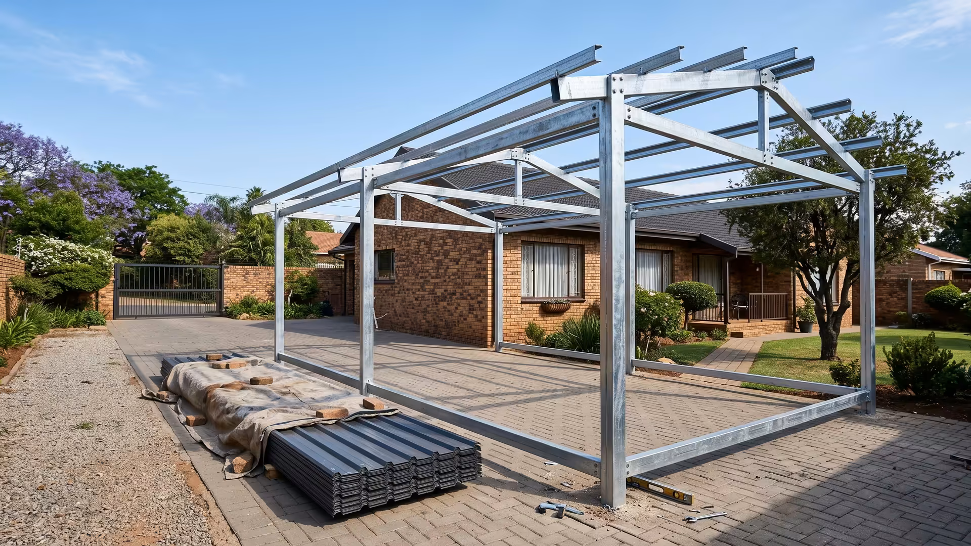 Galvanised steel carport frame being installed on a Johannesburg driveway before the roof sheeting goes on