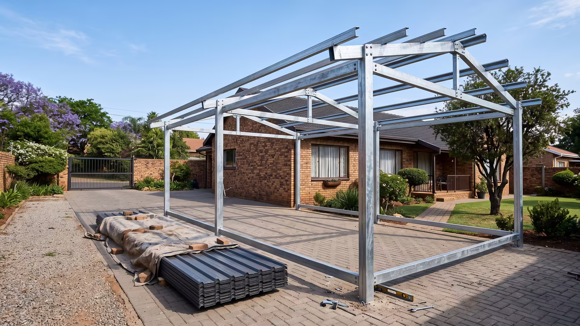 Galvanised steel carport frame being installed on a Johannesburg driveway before the roof sheeting goes on