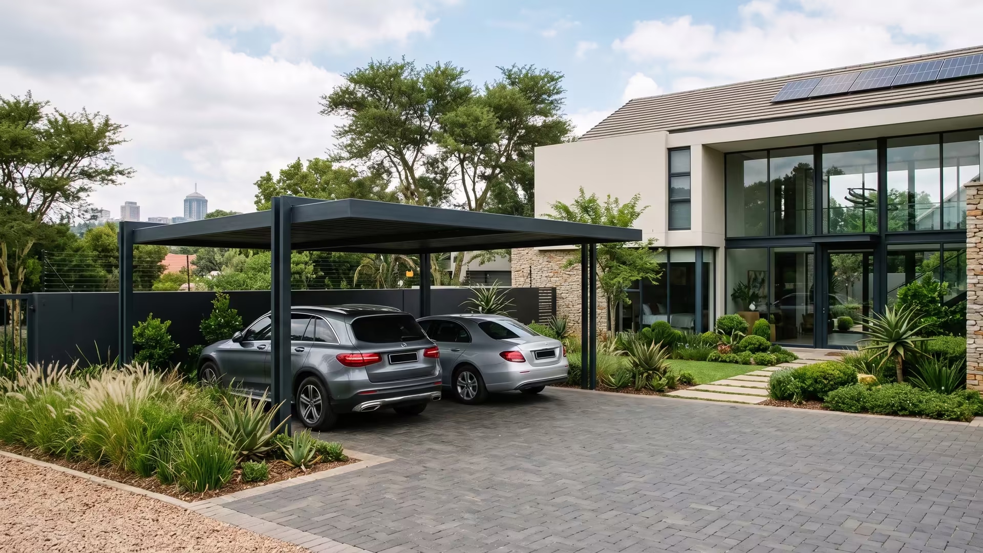 Modern powder-coated aluminium carport at an upmarket glass-fronted Johannesburg home