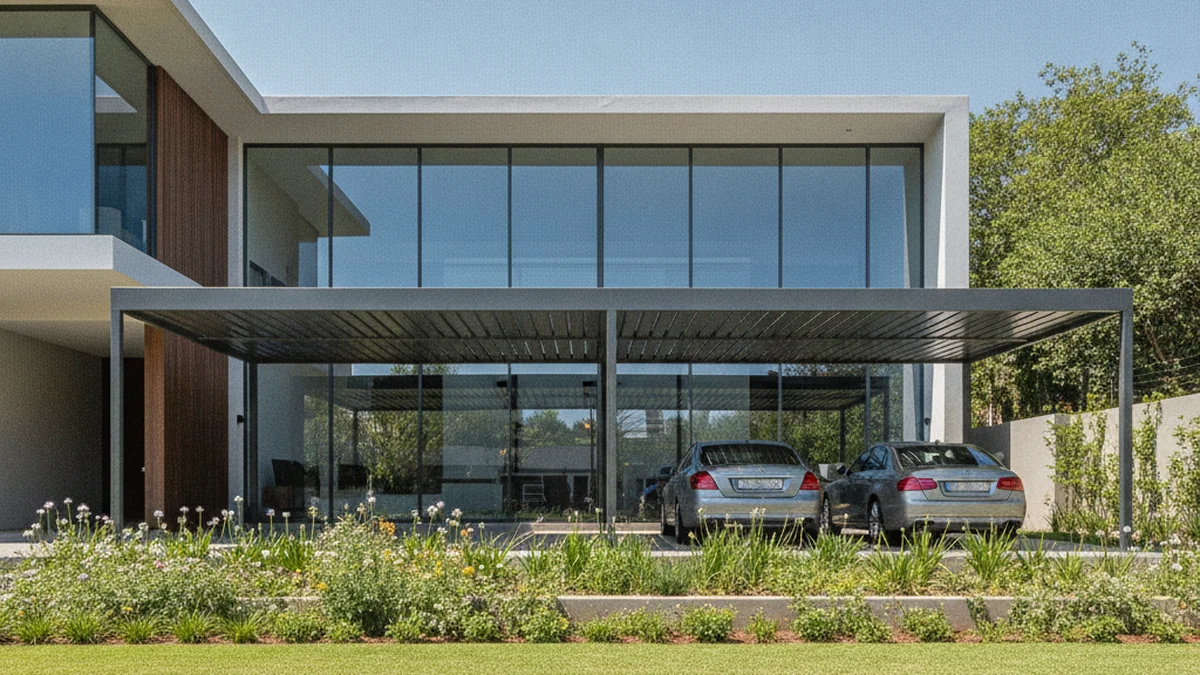 Modern powder-coated aluminium carport at an upmarket glass-fronted Johannesburg home