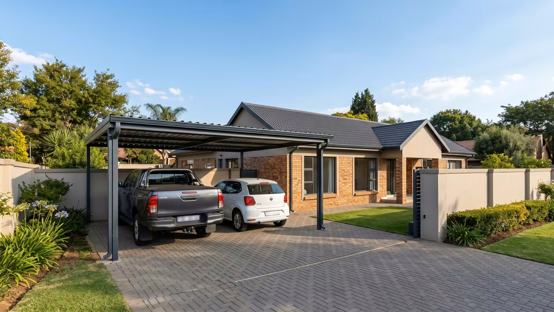 A compliant steel carport neatly matching the roof colour of a suburban Johannesburg house