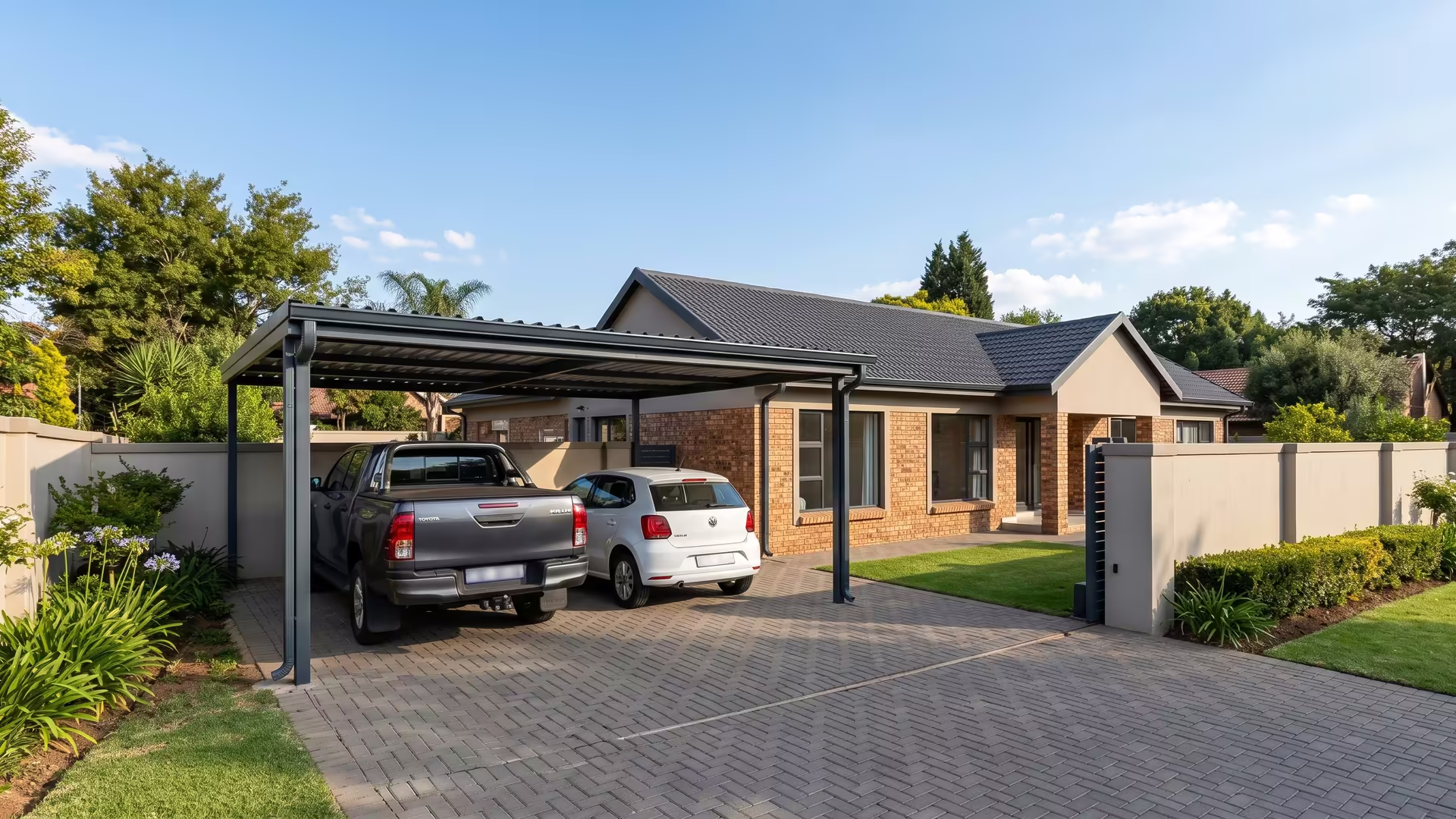 A compliant steel carport neatly matching the roof colour of a suburban Johannesburg house