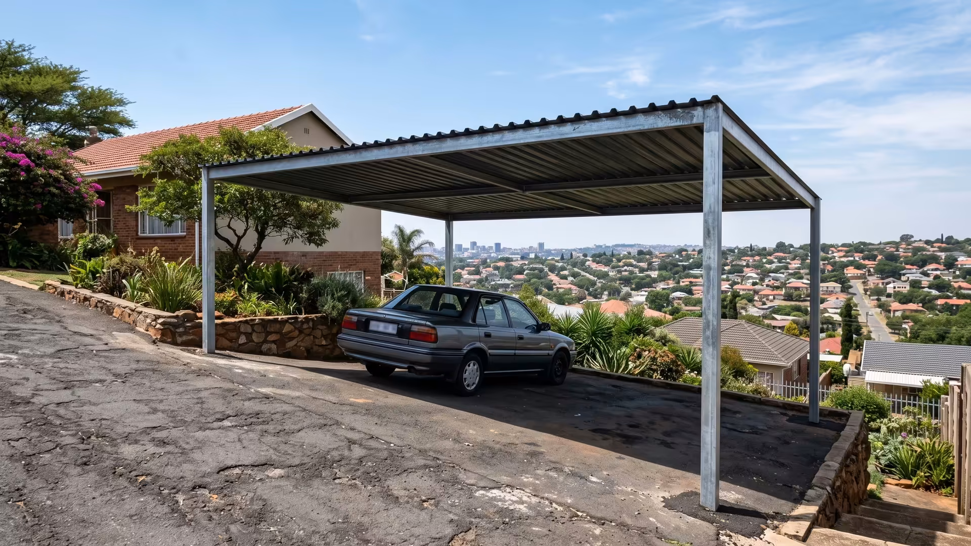 Steel double carport on a sloping Mondeor driveway with posts cut to different lengths
