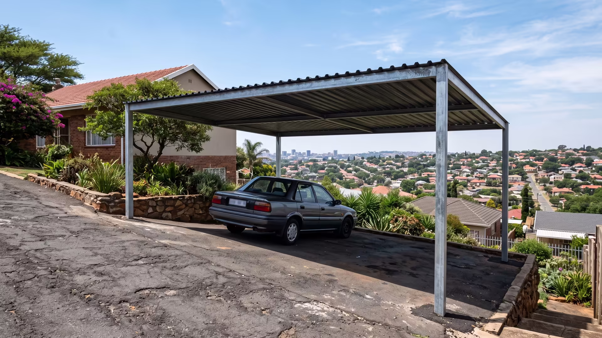 Steel double carport on a sloping Mondeor driveway with posts cut to different lengths