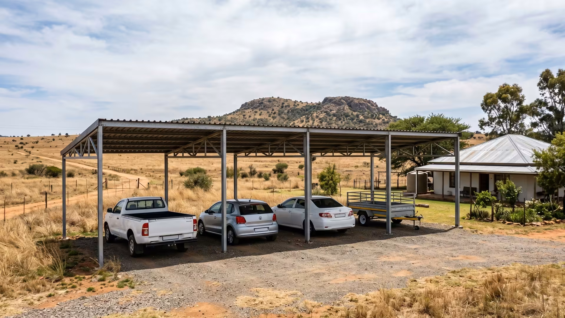 Long-span four-bay steel carport on a Muldersdrift smallholding with open Highveld grassland behind