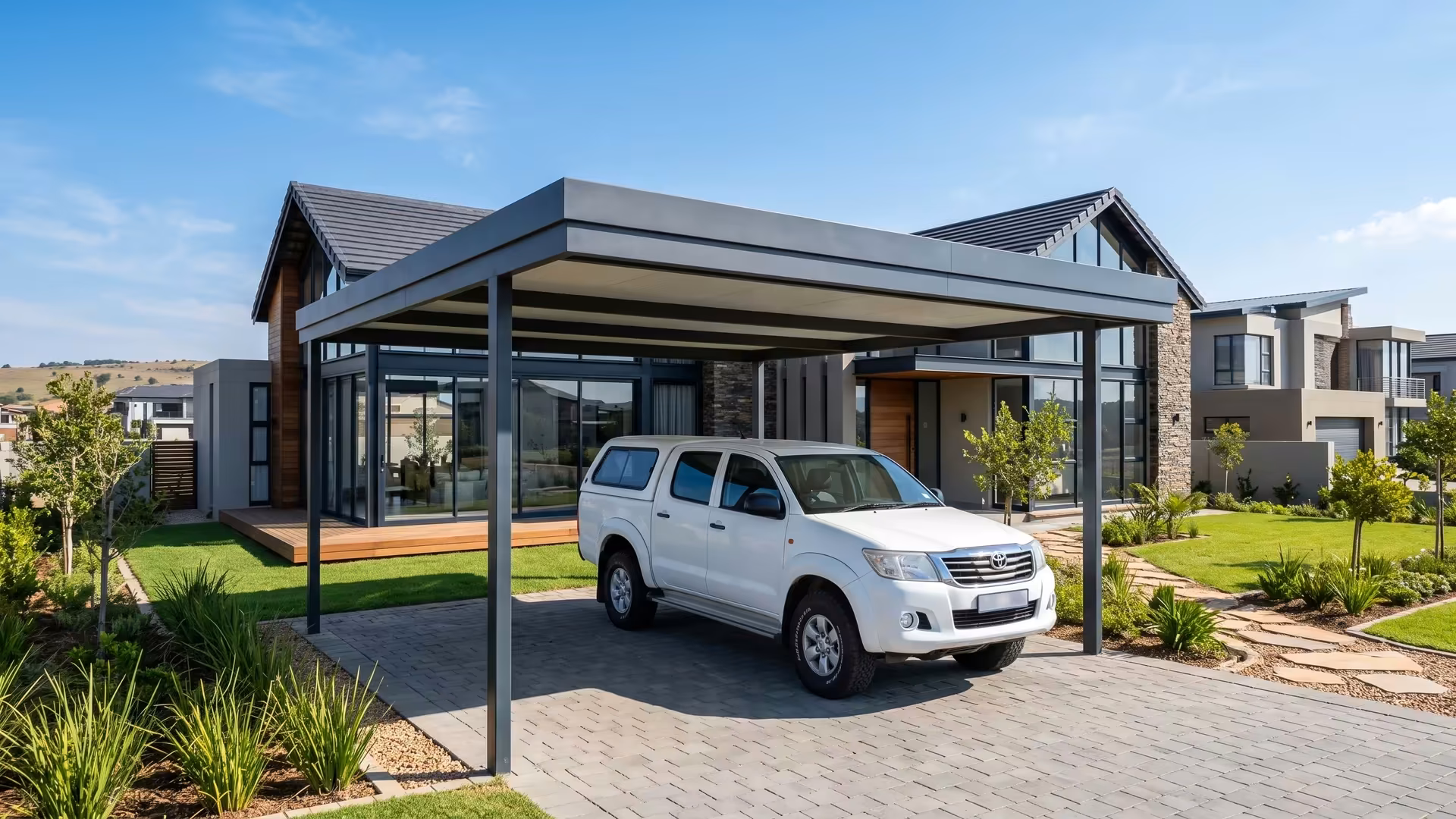 Aluminium double carport at a new Midrand estate home with a bakkie parked beneath