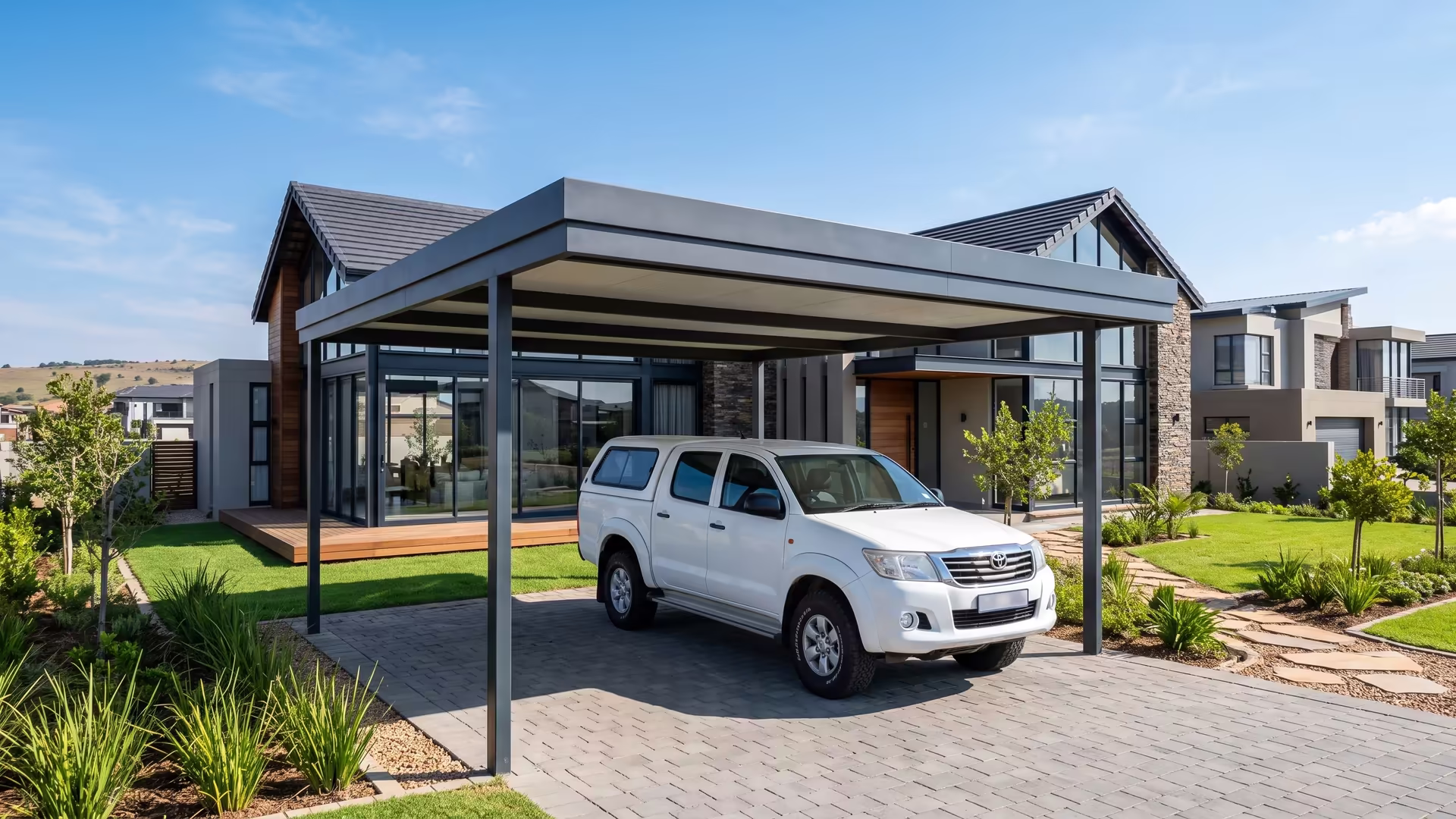 Aluminium double carport at a new Midrand estate home with a bakkie parked beneath