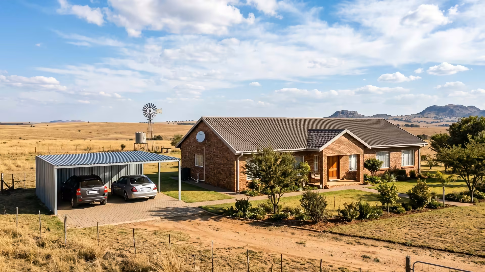 Four-bay steel carport on a West Rand freehold stand covering cars, a bakkie and a trailer