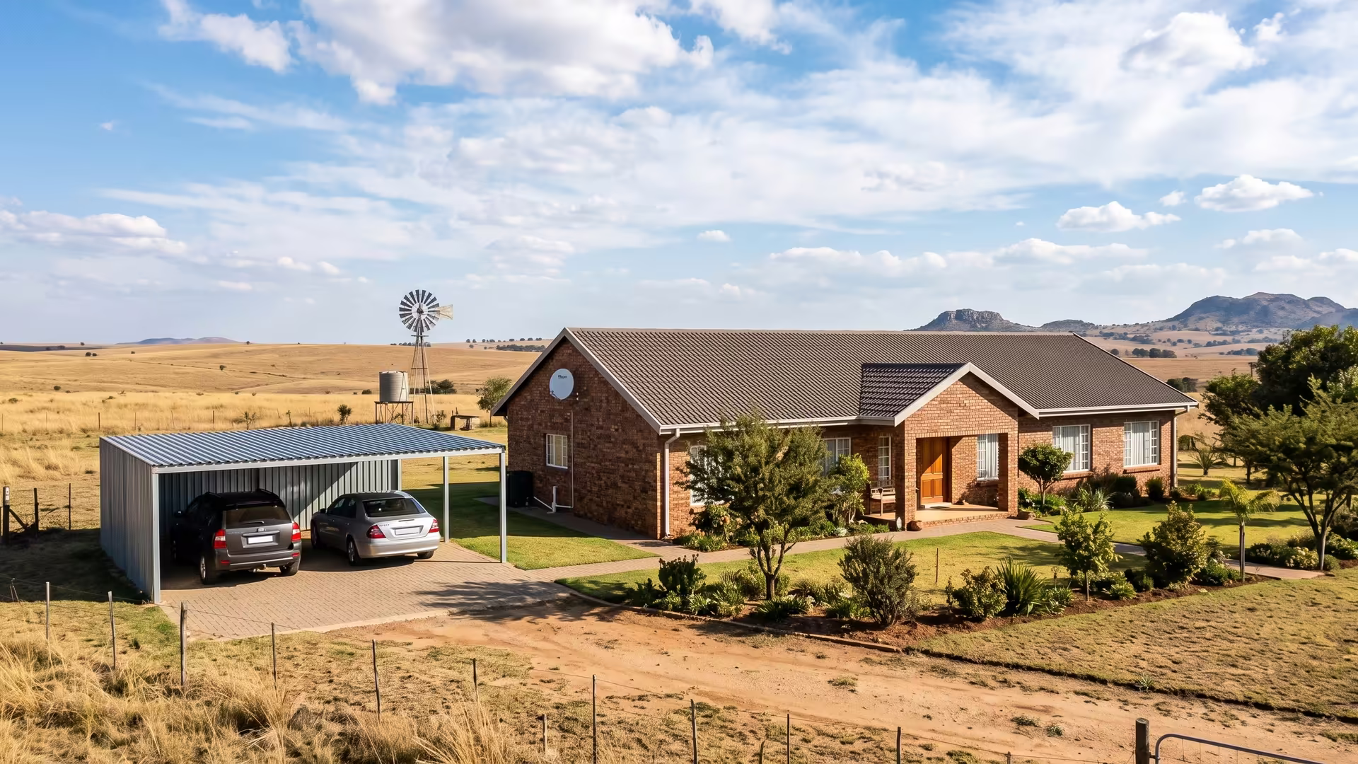 Four-bay steel carport on a West Rand freehold stand covering cars, a bakkie and a trailer
