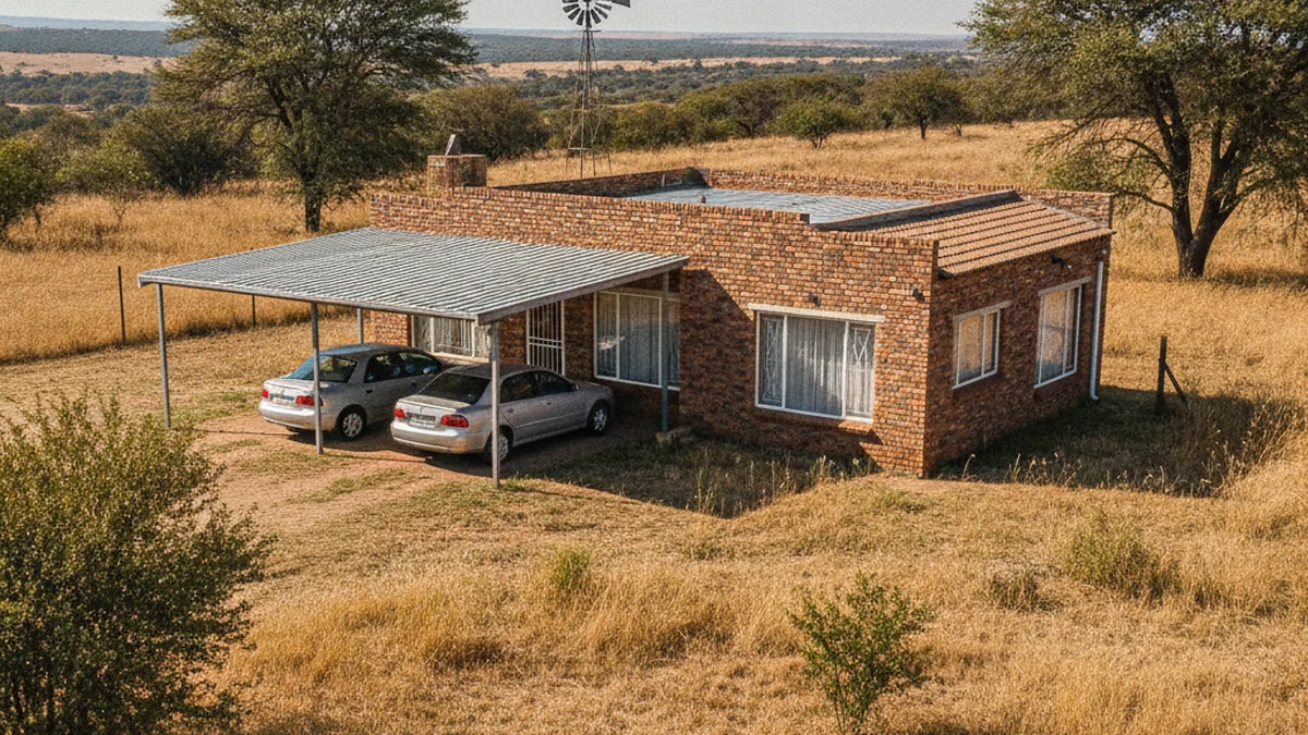 Steel double carport at a face-brick home on an open West Rand plot with a windmill