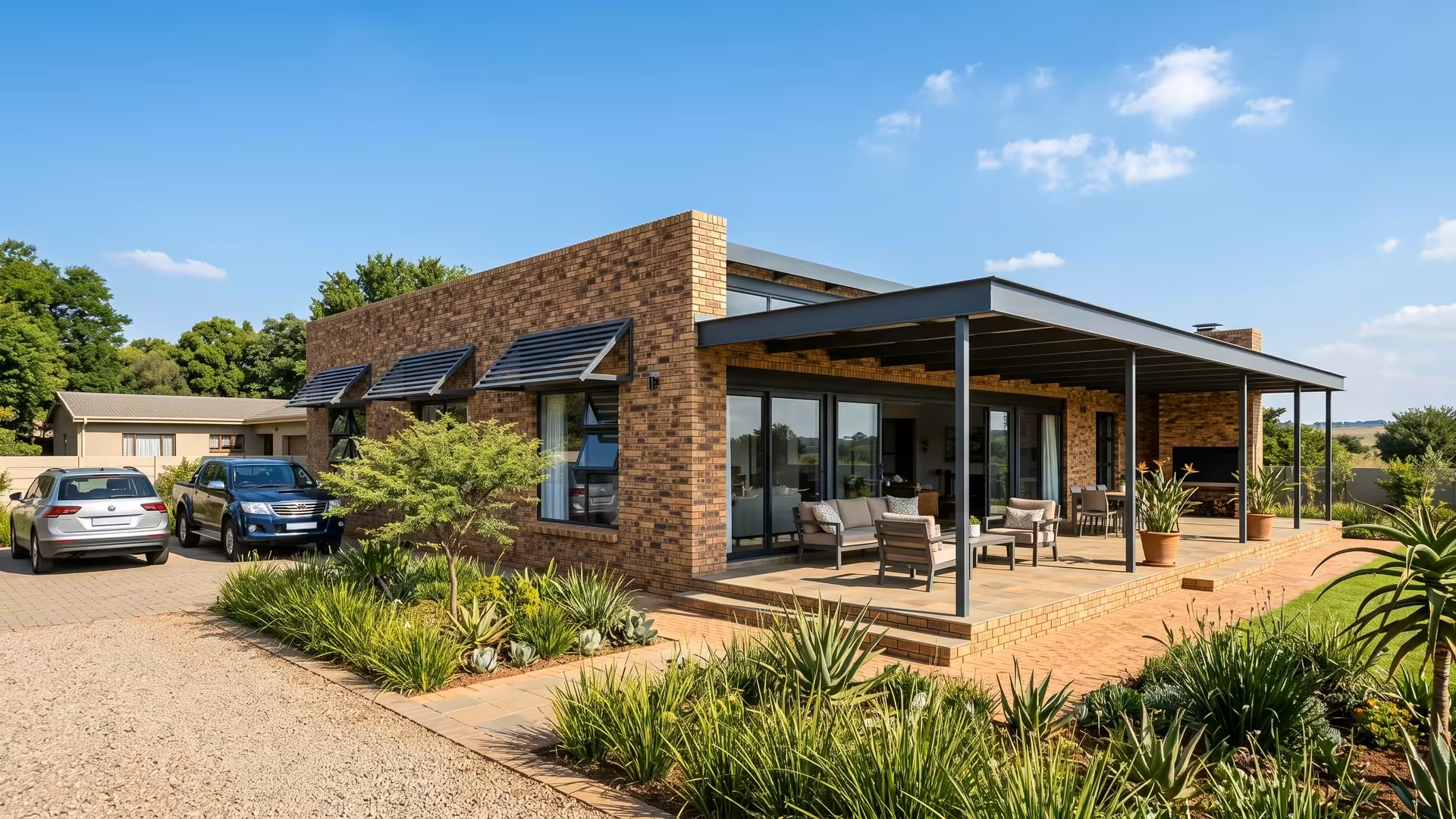 Metal window and patio awnings shading a modern face-brick Johannesburg house