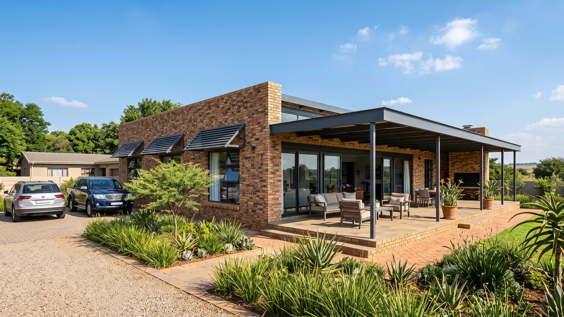 Metal window and patio awnings shading a modern face-brick Johannesburg house
