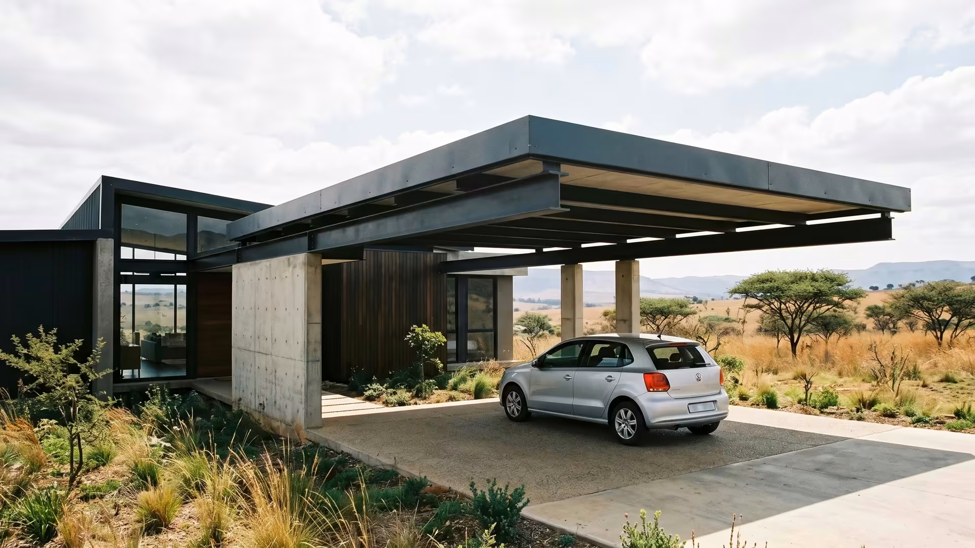 Cantilever carport with no front posts and a clear open front at a modern Highveld home