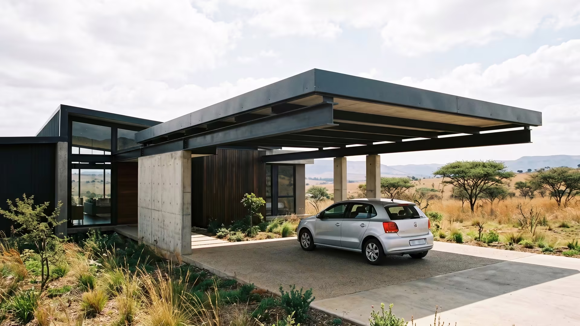 Cantilever carport with no front posts and a clear open front at a modern Highveld home