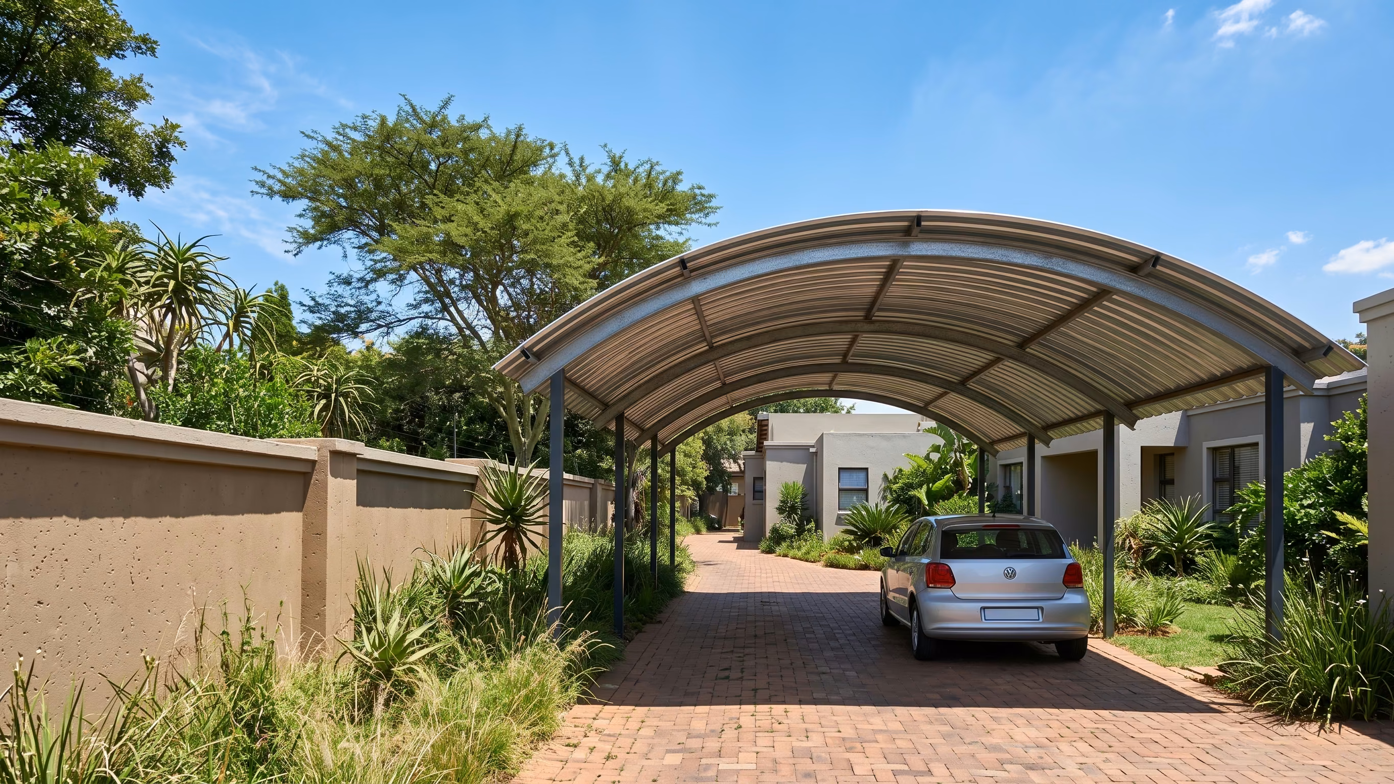 Curved barrel-vault carport with arched sheeting over a narrow Johannesburg driveway