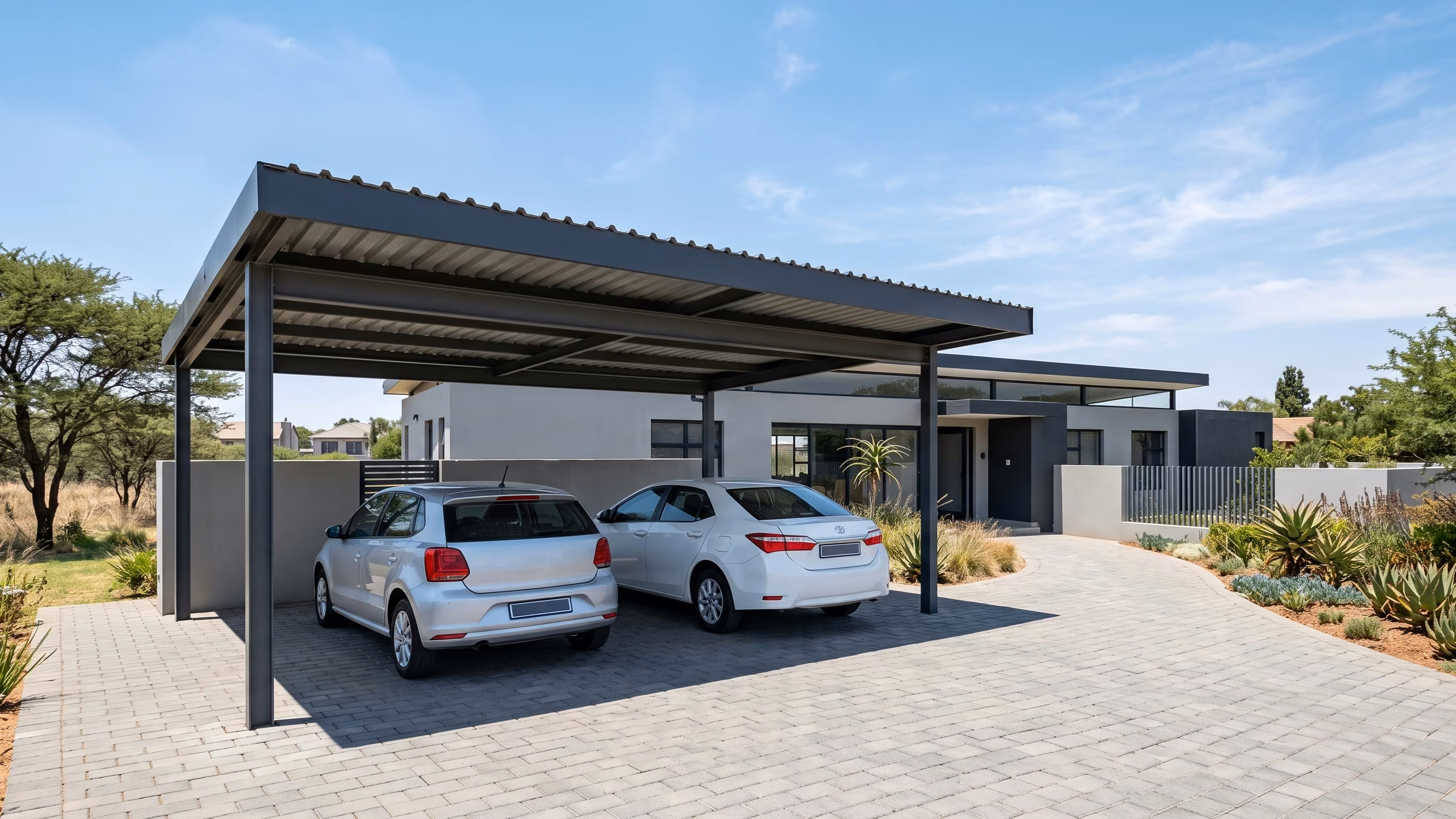 Flat mono-pitch steel carport with a charcoal IBR roof at a modern plastered Johannesburg home