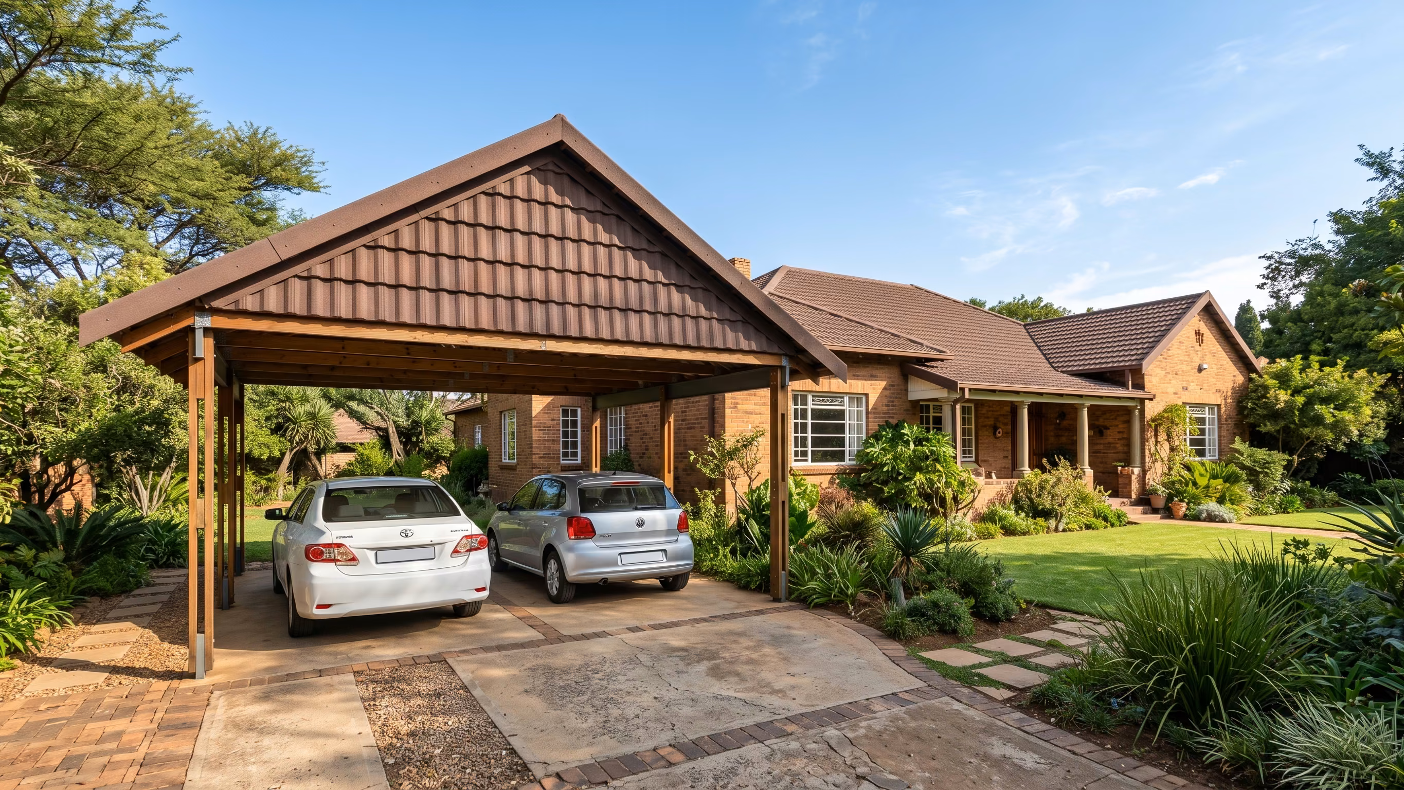 Pitched gable carport with a tiled-profile roof matching a face-brick Johannesburg house