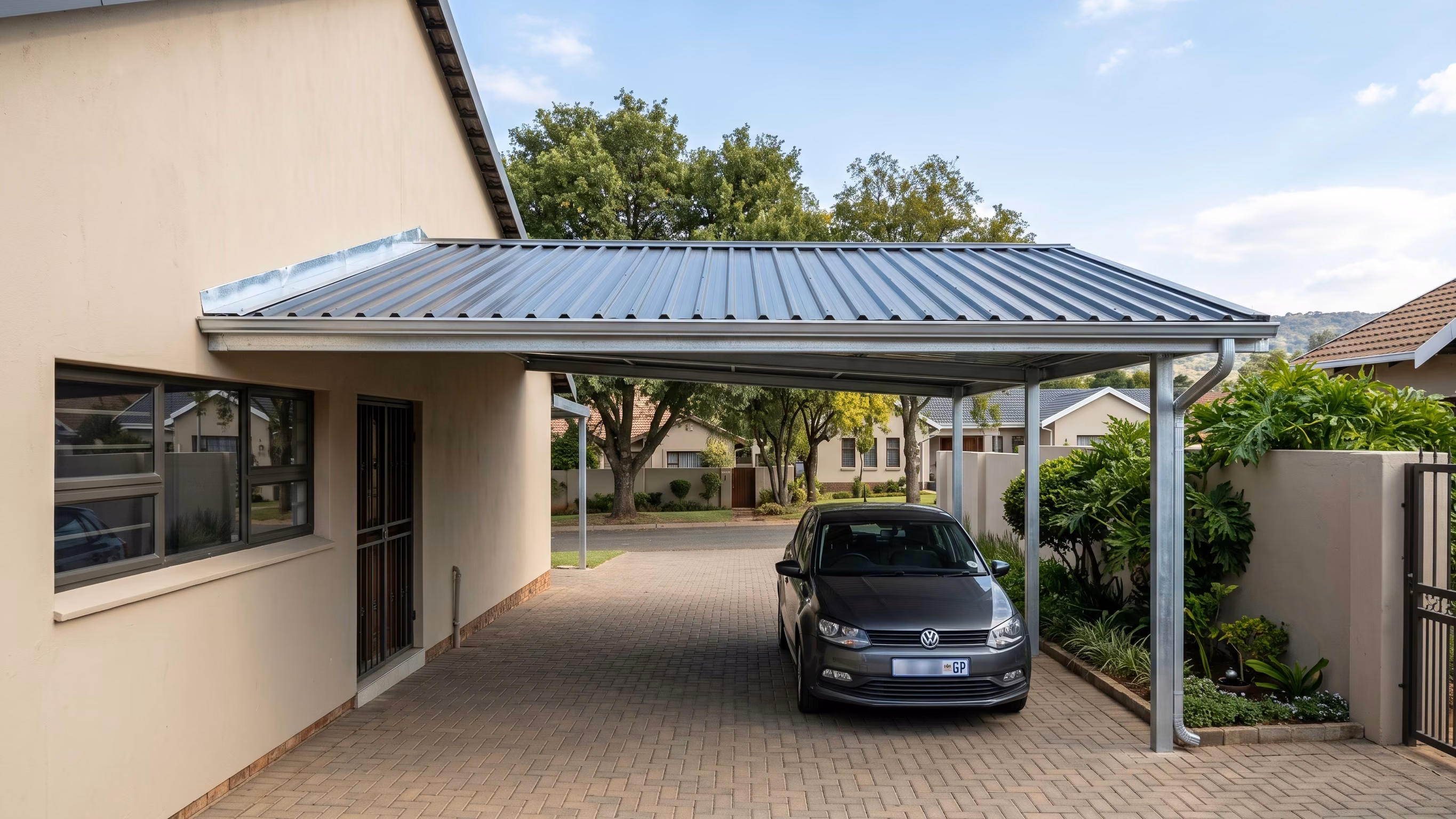 Lean-to carport tied into the house wall over a side driveway at a Johannesburg home