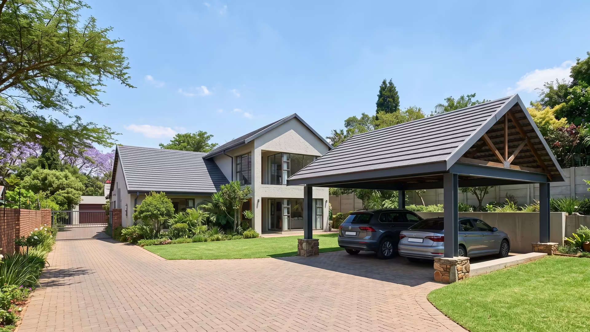 Pitched gable-roof steel carport matching the tiled roof of a Johannesburg house