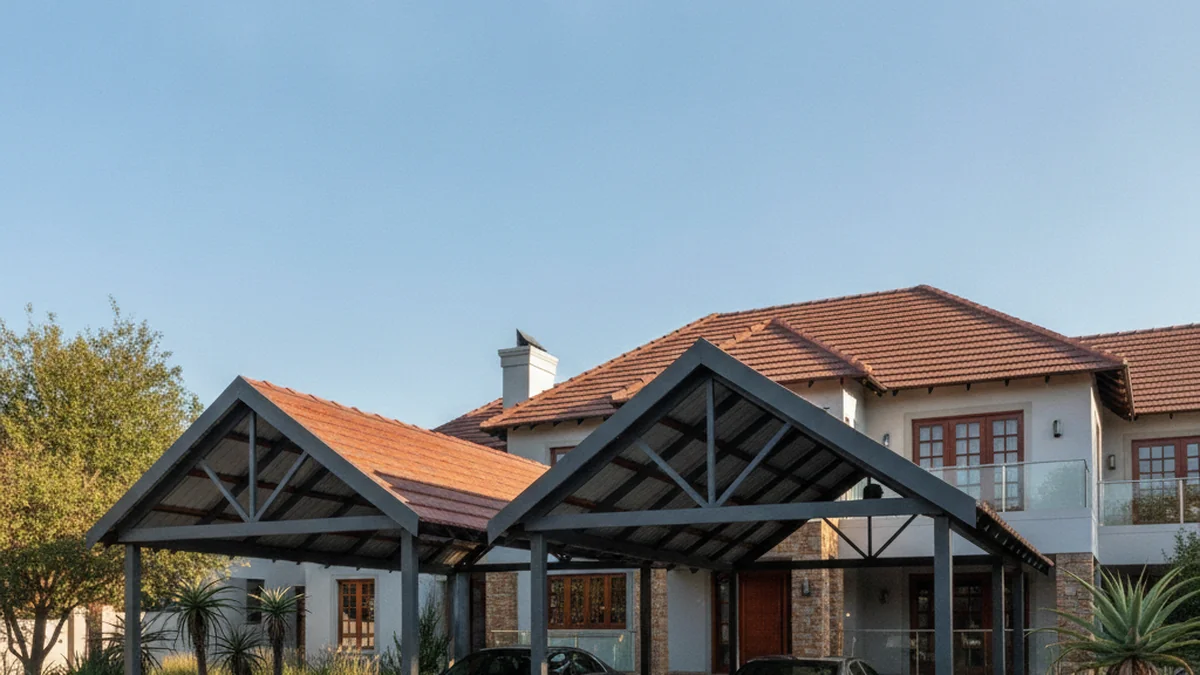 Pitched gable-roof steel carport matching the tiled roof of a Johannesburg house