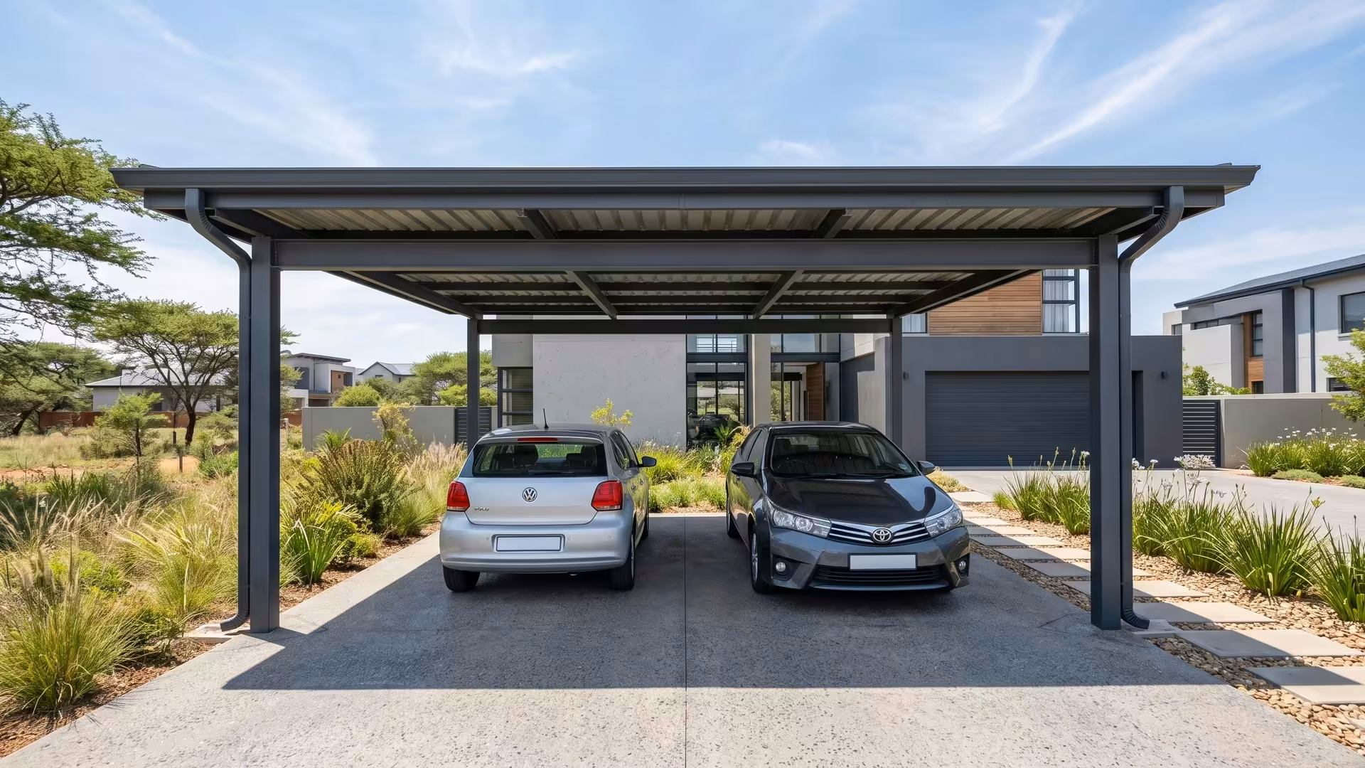 Six-metre steel double carport covering two cars side by side at a Johannesburg house