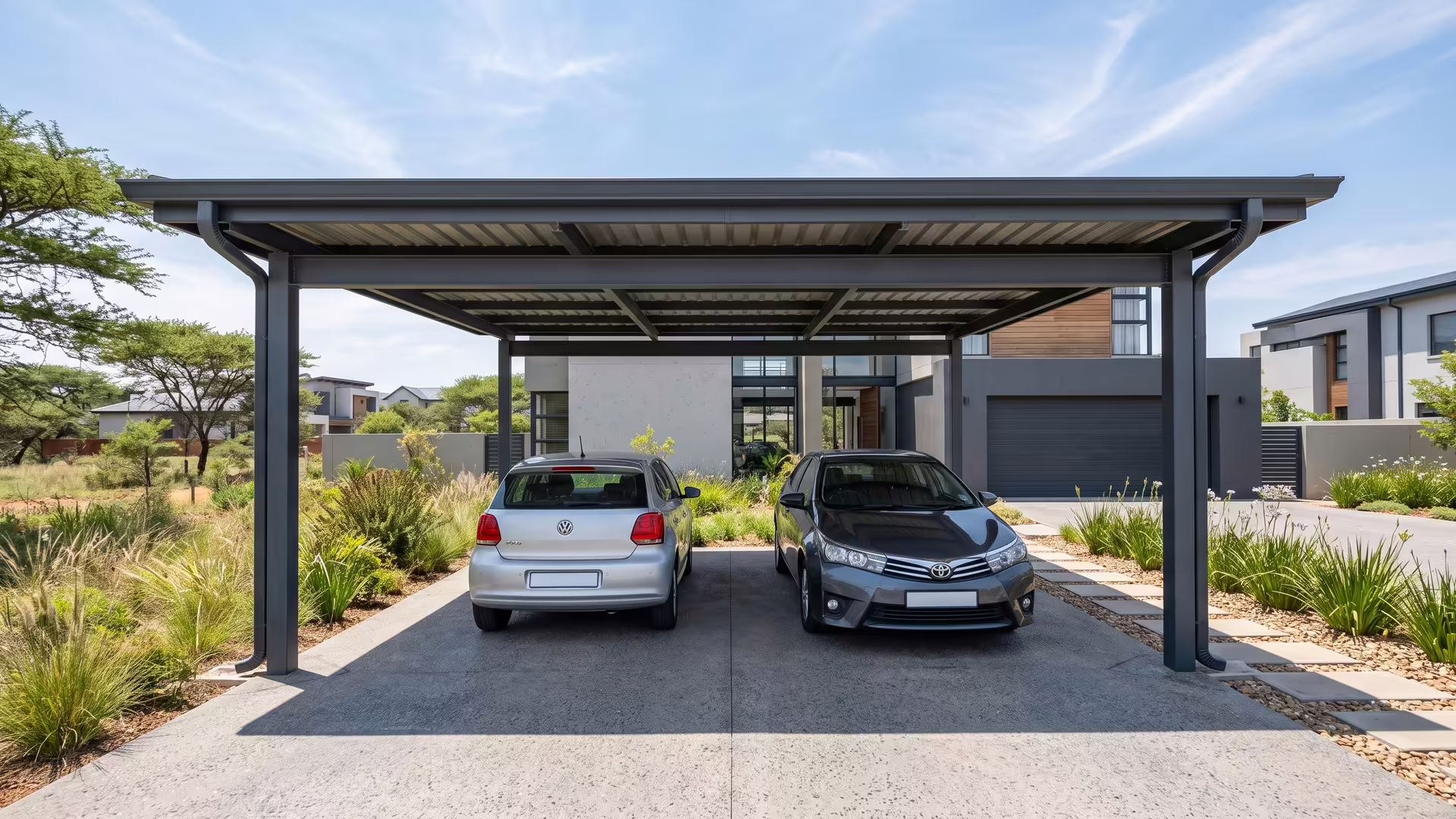 Six-metre steel double carport covering two cars side by side at a Johannesburg house