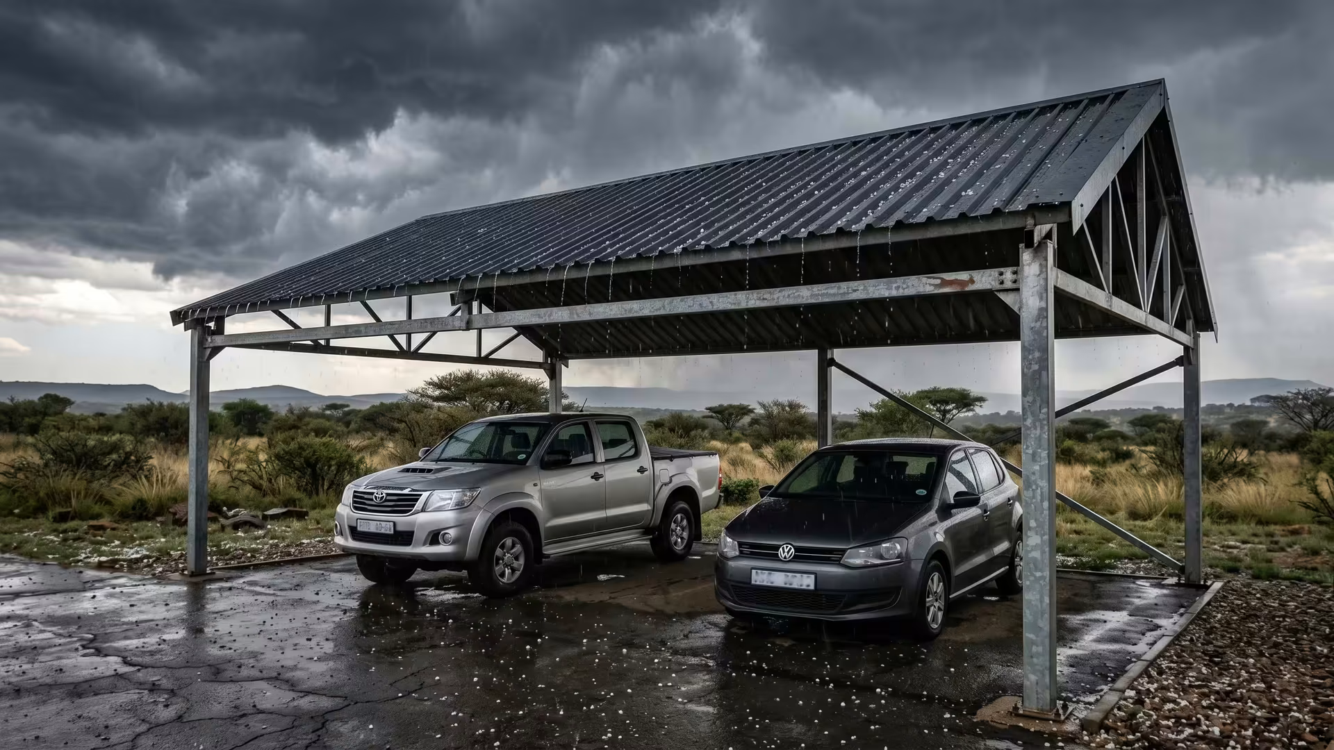 Steel carport with an IBR roof protecting cars under a dark Highveld hailstorm sky