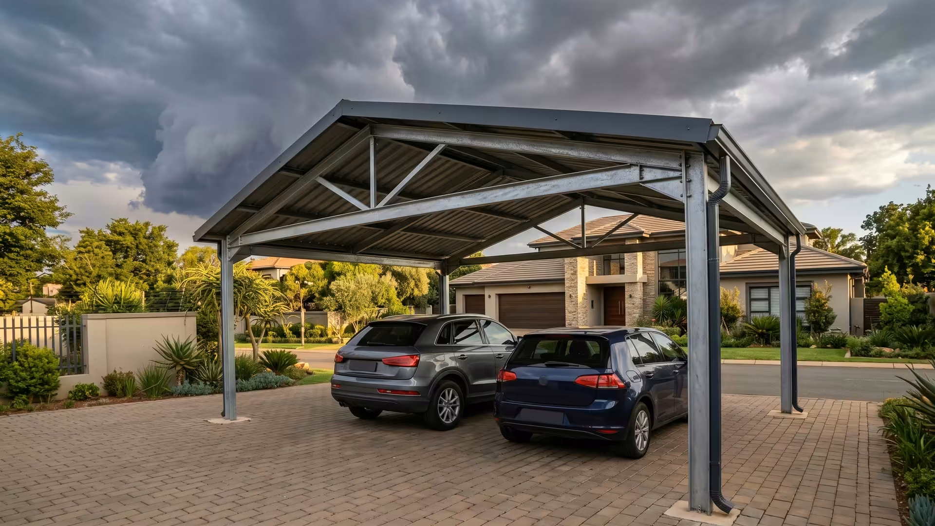 Galvanised steel double carport with a charcoal IBR roof sheltering two cars at a Johannesburg home under a Highveld storm sky