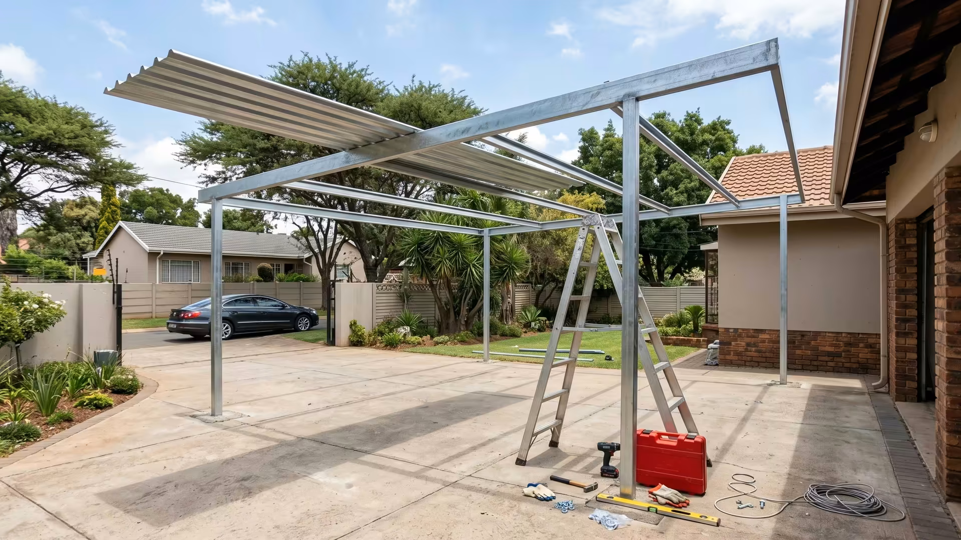 Galvanised steel carport frame part-way through installation on a suburban driveway