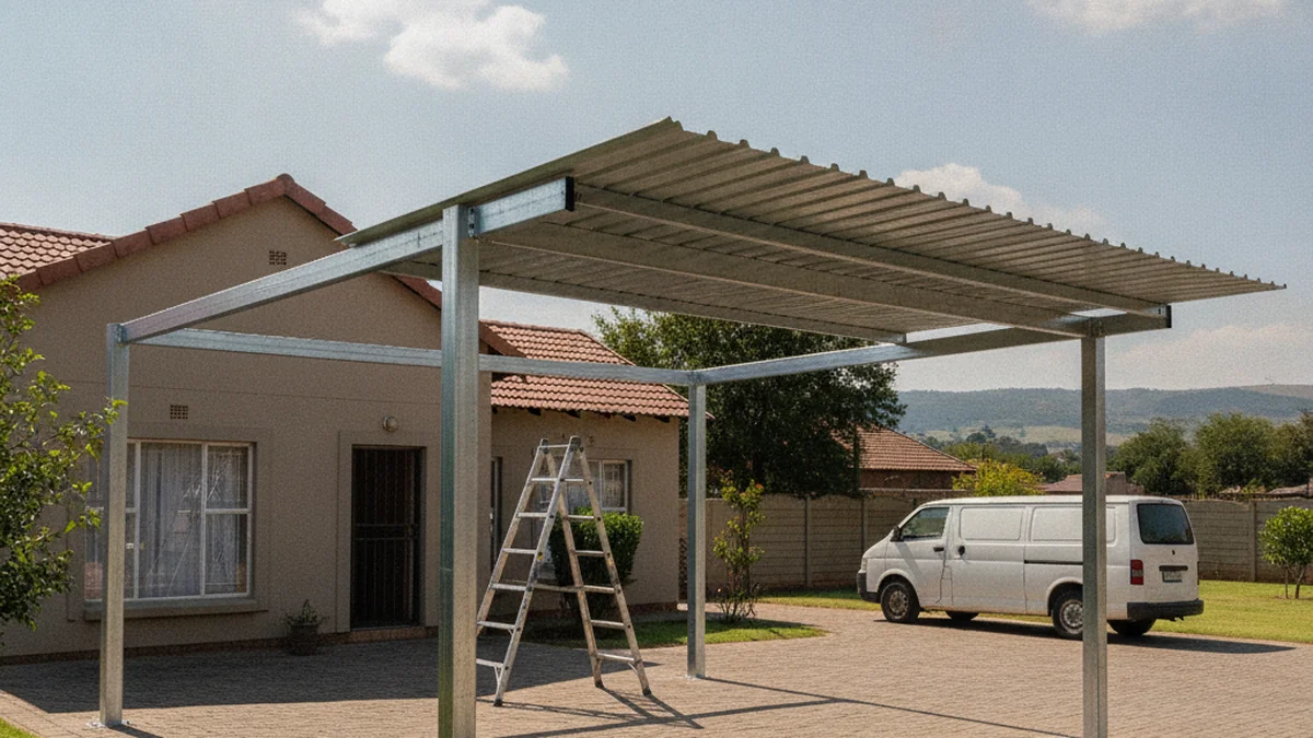 Galvanised steel carport frame part-way through installation on a suburban driveway