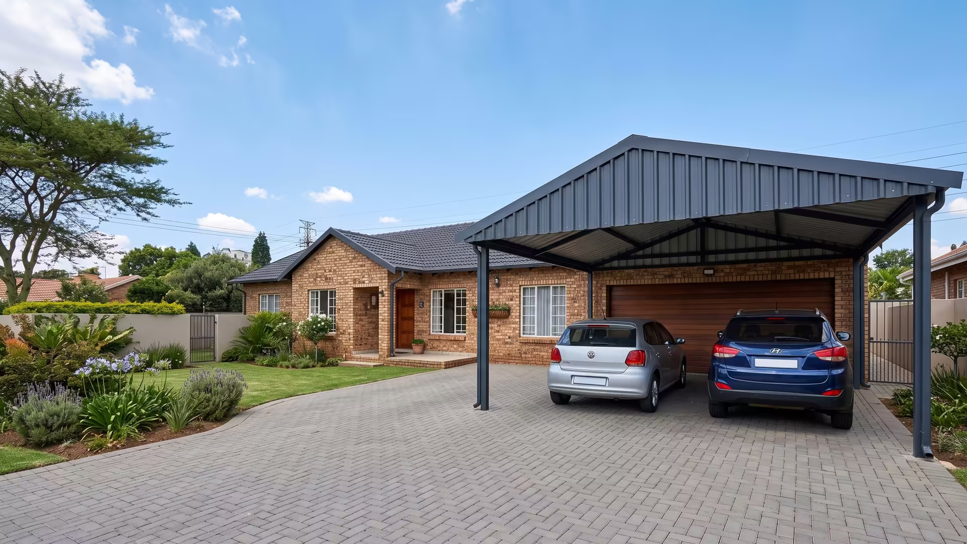 Freestanding steel double carport with an IBR roof in front of a face-brick Johannesburg home