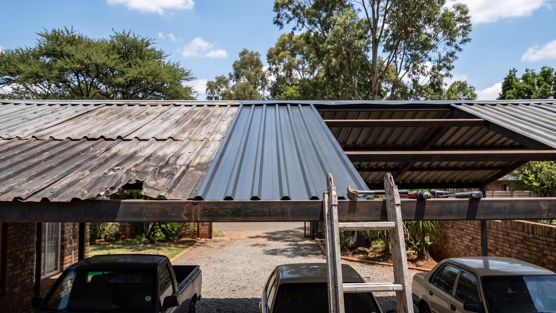 A new IBR roof sheet replacing an old dented sheet on a steel carport