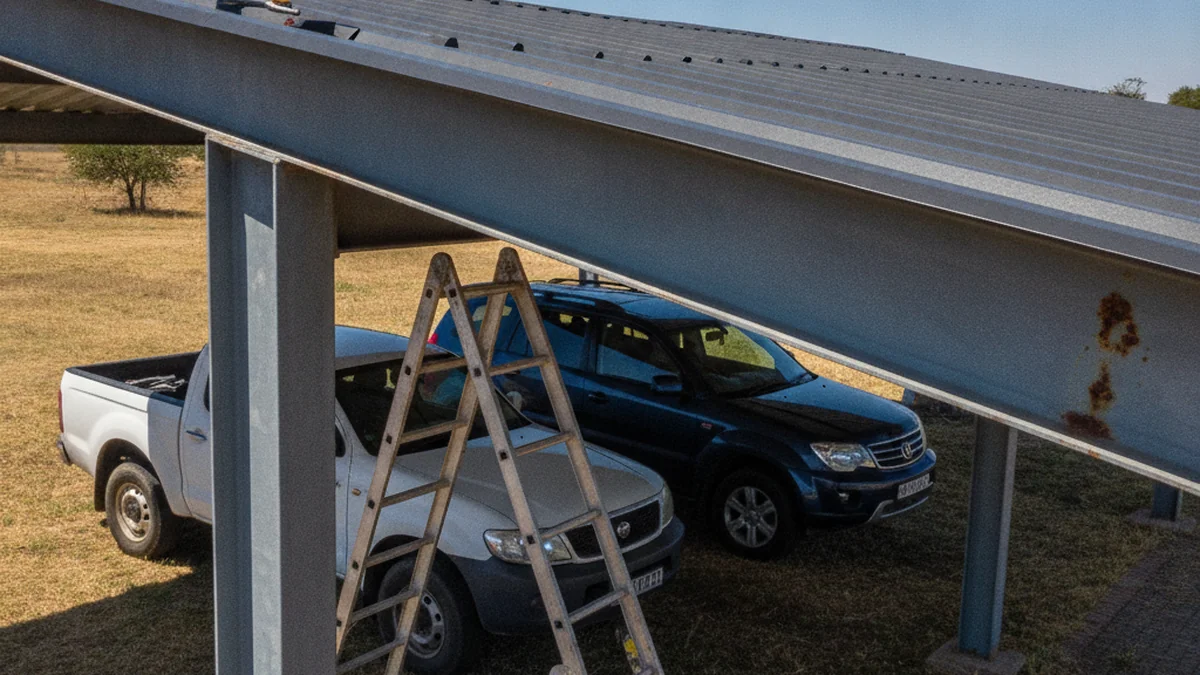A new IBR roof sheet replacing an old dented sheet on a steel carport