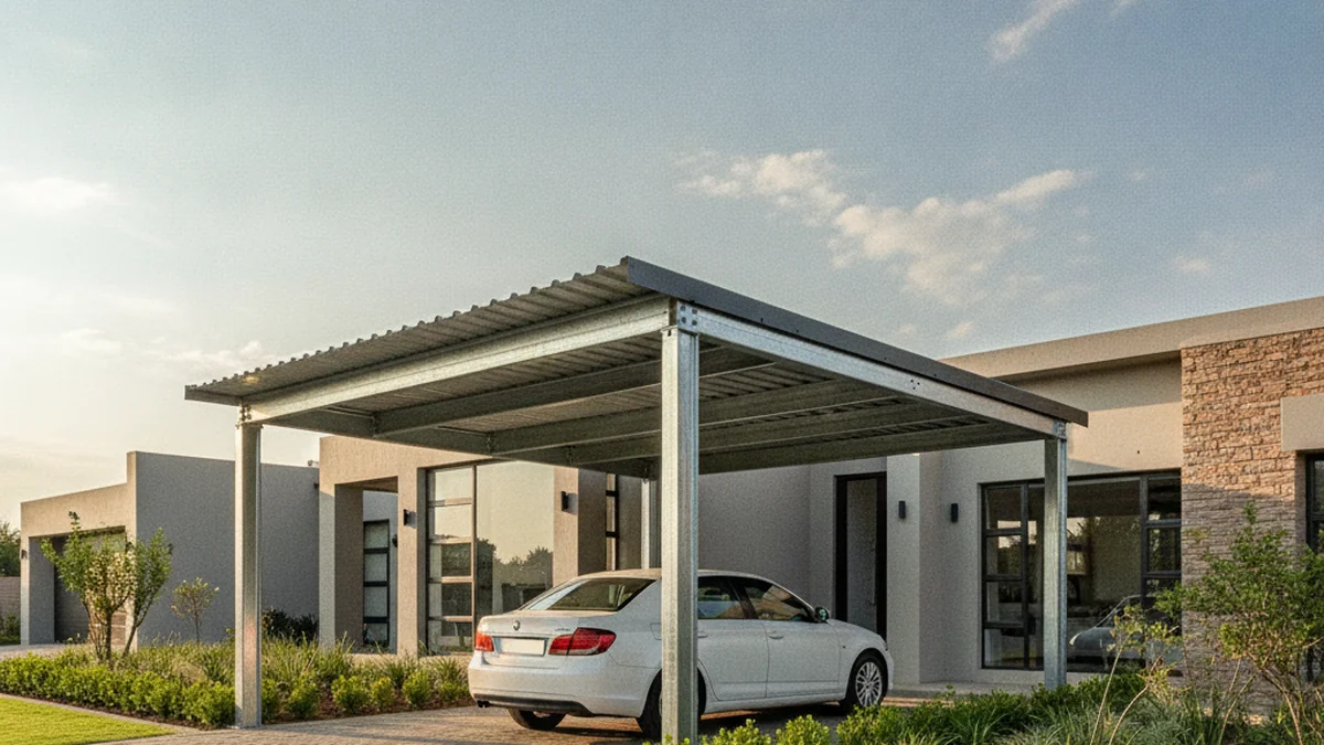 Single steel carport with a charcoal IBR roof covering one car beside a suburban Johannesburg home