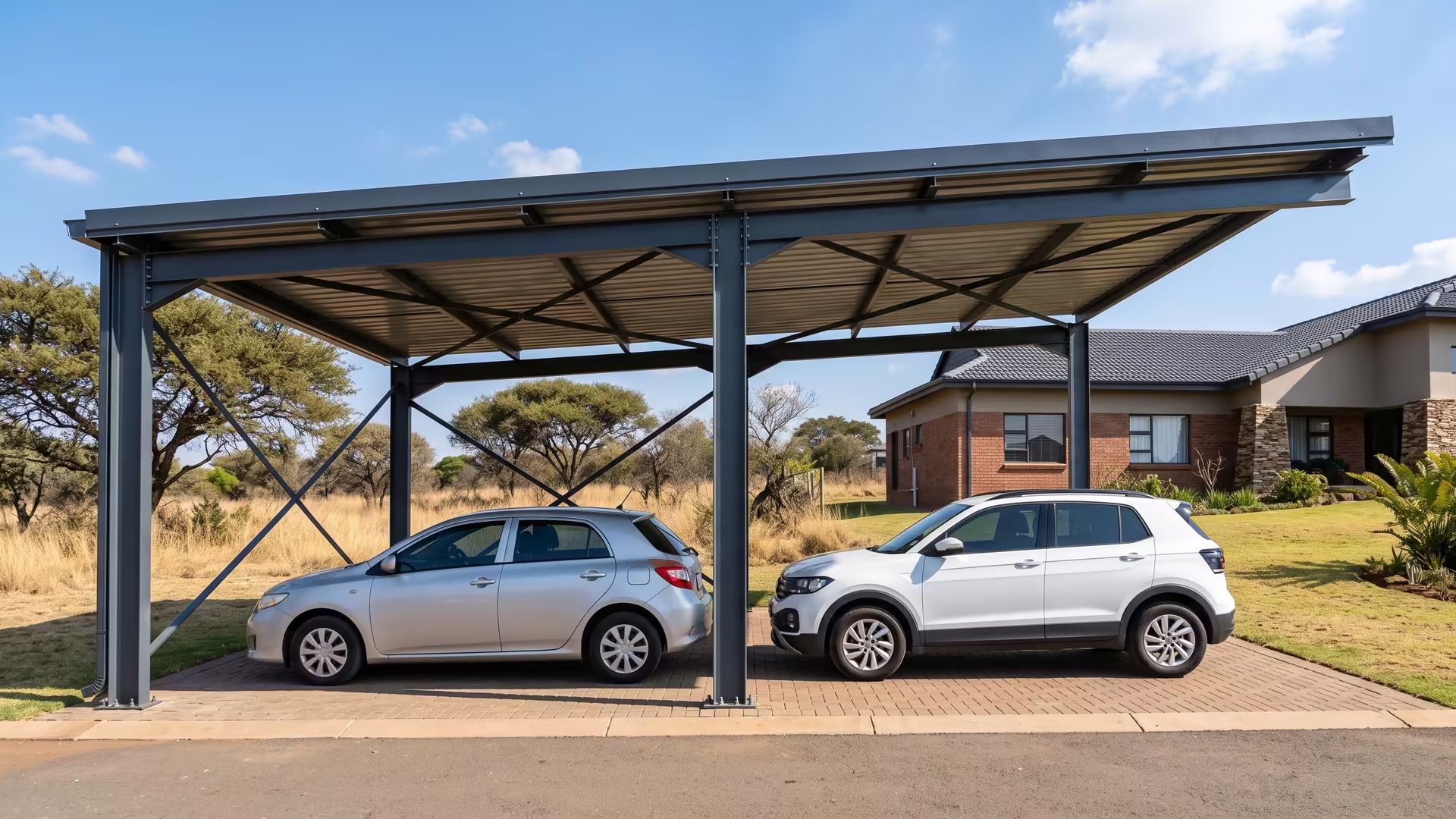 Side view of a double steel carport showing full depth and height with two cars parked