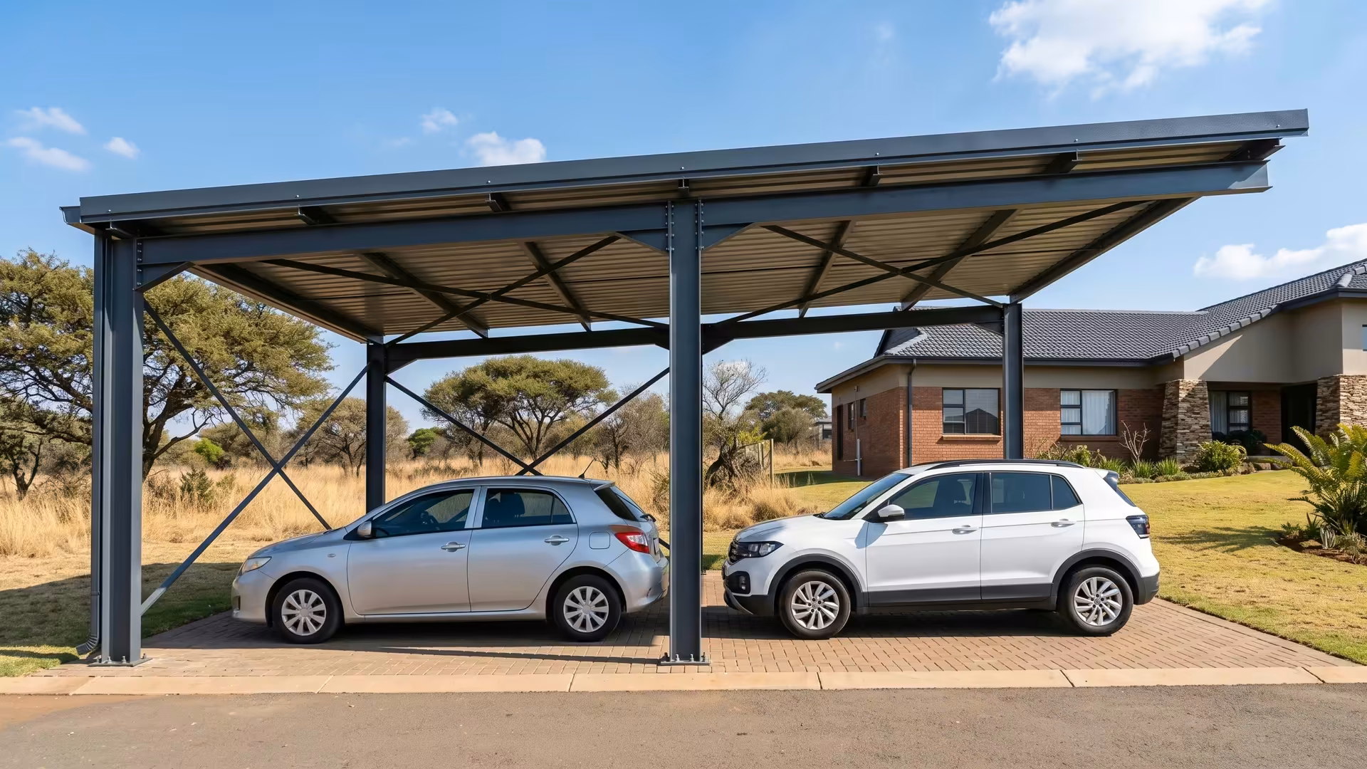Side view of a double steel carport showing full depth and height with two cars parked