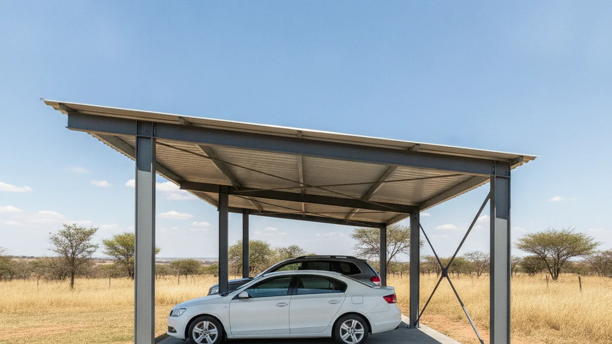 Side view of a double steel carport showing full depth and height with two cars parked