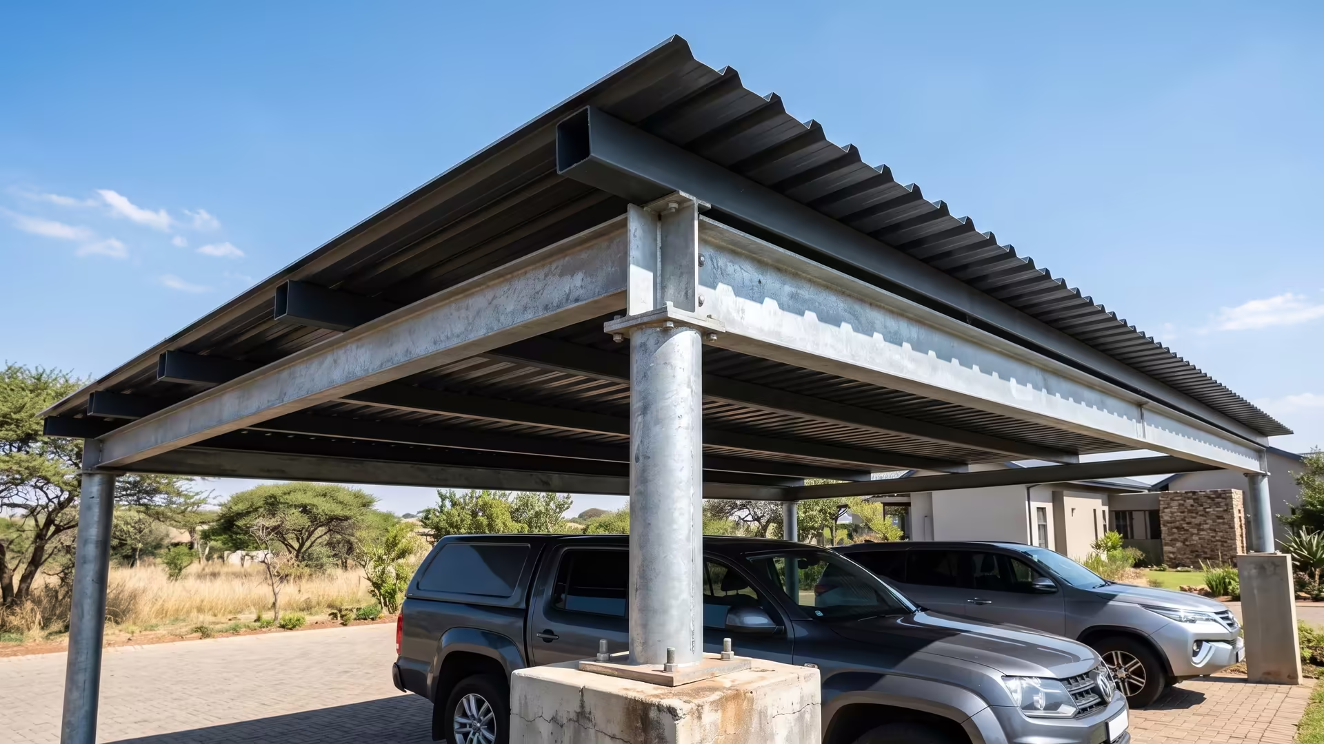 Close detail of a charcoal IBR steel carport roof and galvanised steel support posts