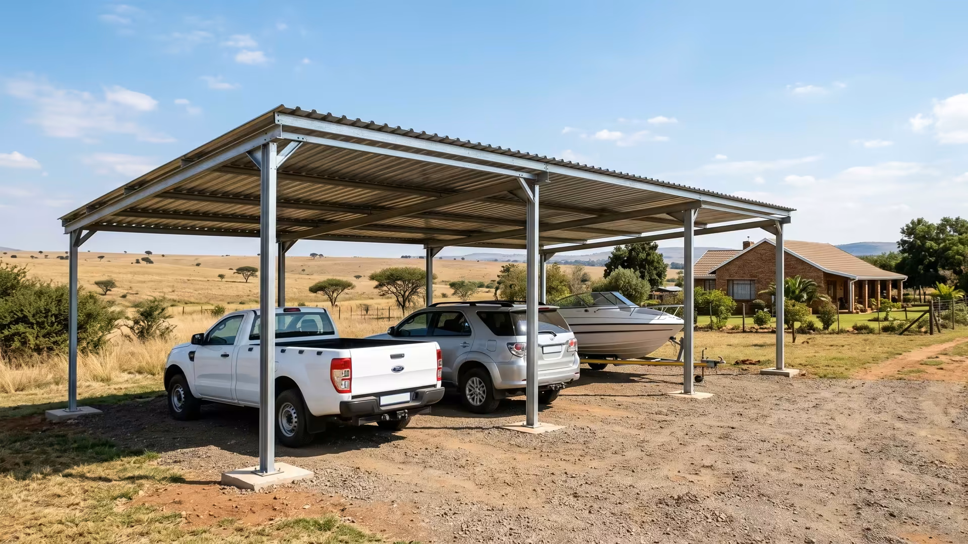 Wide four-bay steel carport on a Gauteng plot covering a bakkie, a car and a boat on a trailer