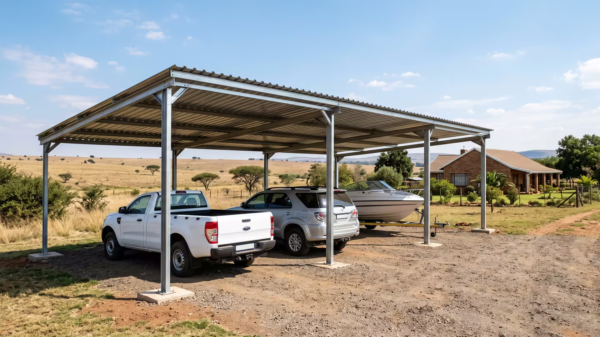 Wide four-bay steel carport on a Gauteng plot covering a bakkie, a car and a boat on a trailer