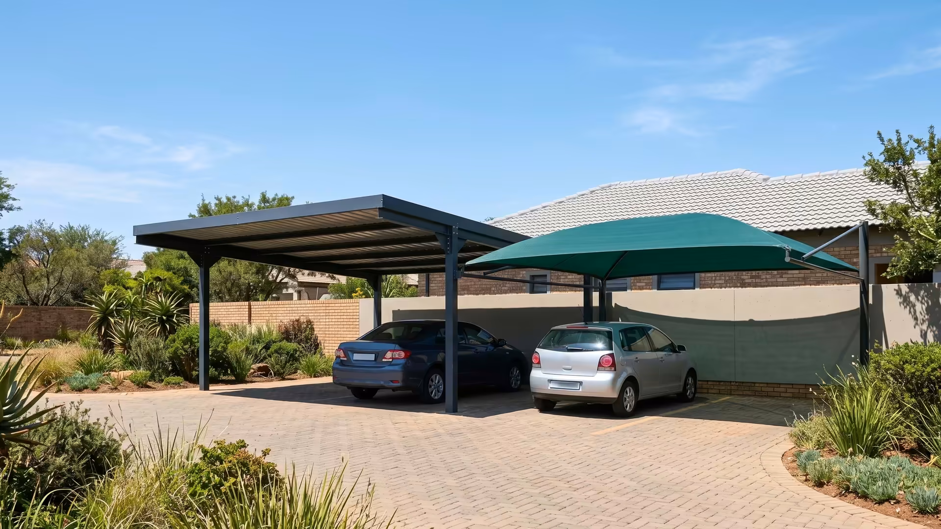 A solid IBR-roof steel carport beside a green shade-net shadeport in one driveway