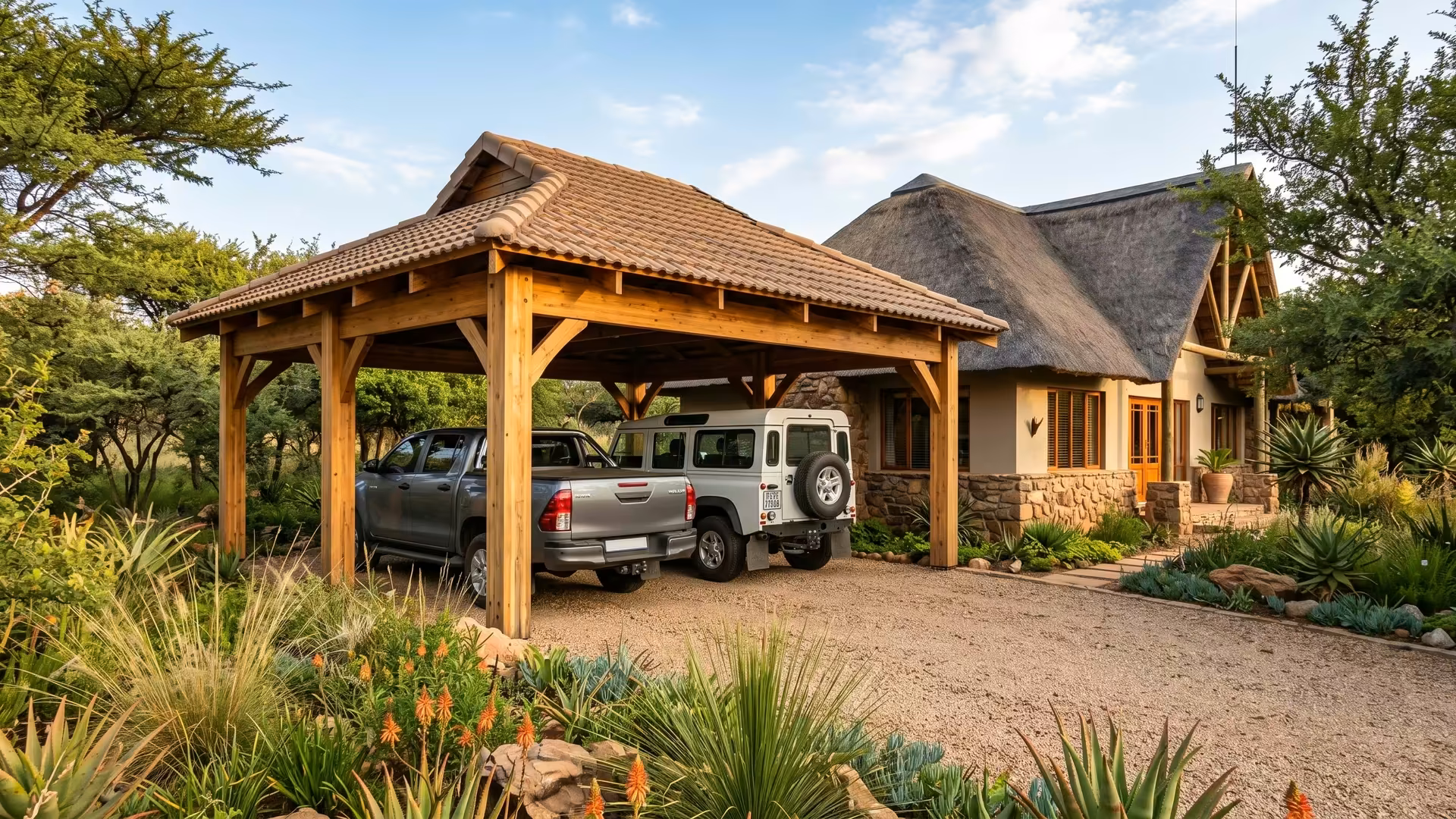 Timber carport with log posts and a tiled roof matching a thatch-roof Highveld home