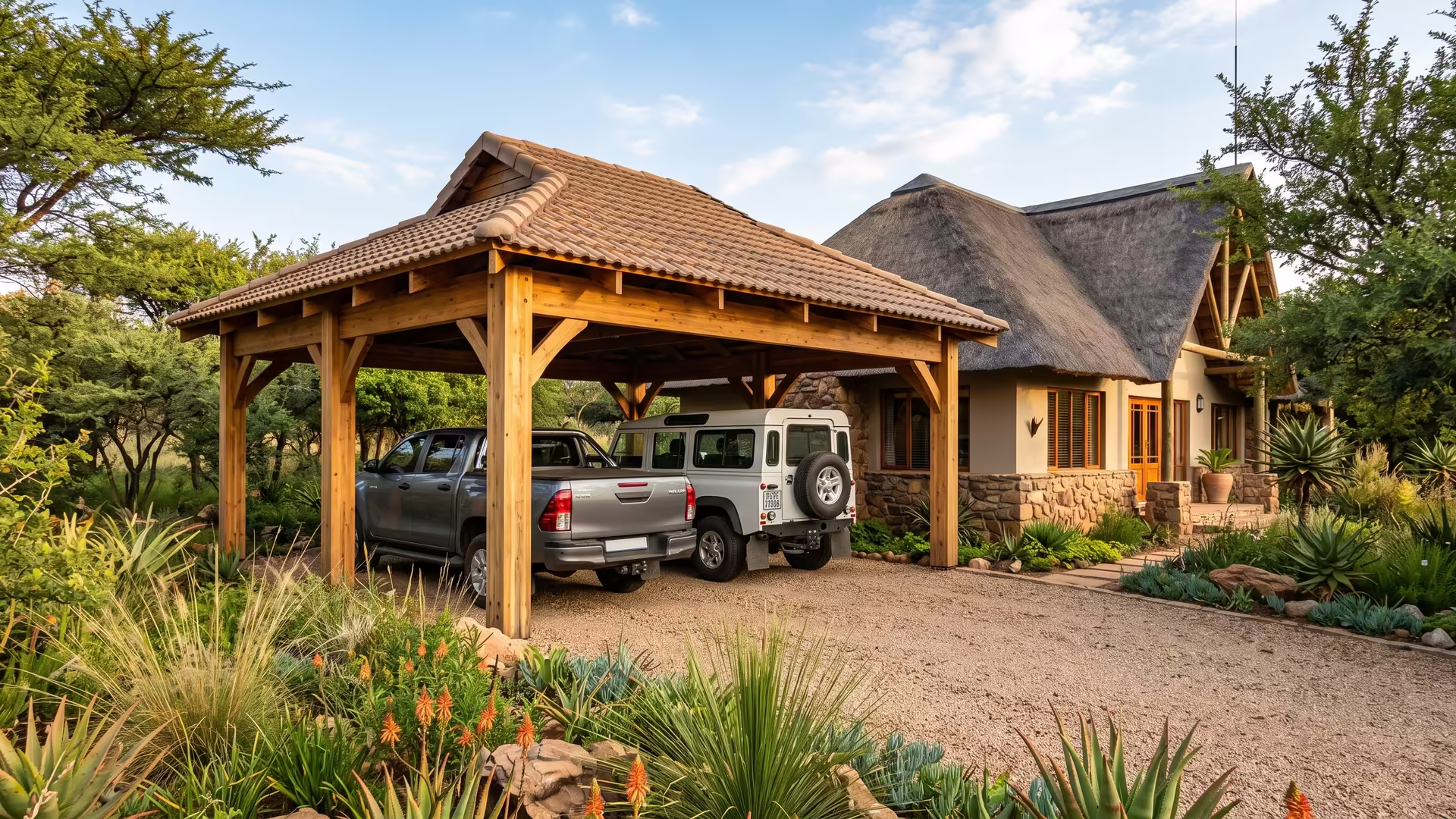Timber carport with log posts and a tiled roof matching a thatch-roof Highveld home